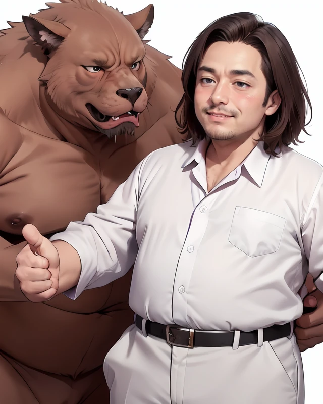 masterpiece,(high quality, best quality:1.2),smile, (man:1), mature fat man, hero, fighting beast, lips, cheek, blush, suit, I choose you!