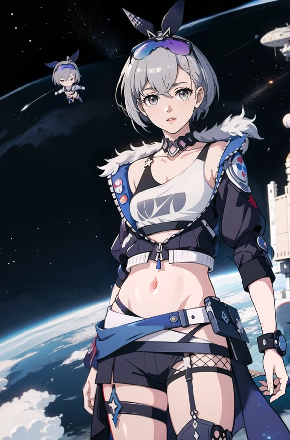(masterpiece, top quality, best quality), (splash art), (realistic anime), <lora:Sv4:1>, (silver wolf, honkai star rail), herta space station, bubblegum, whole body, geeky, cowboy shot, space background