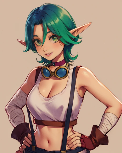 Kiera,green hair,pointy ears,green eyes,two-tone hair , solo, standing, smiling hands on hips,  upper body,
Kieout,cleavage, goggles around neck ,suspenders, crop top ,belt, bare shoulders, bandages,  pants, midriff, brown fingerless gloves,  brown shoes
 <lora:Kiera:0.8>
(insanely detailed, beautiful detailed face, masterpiece, best quality)