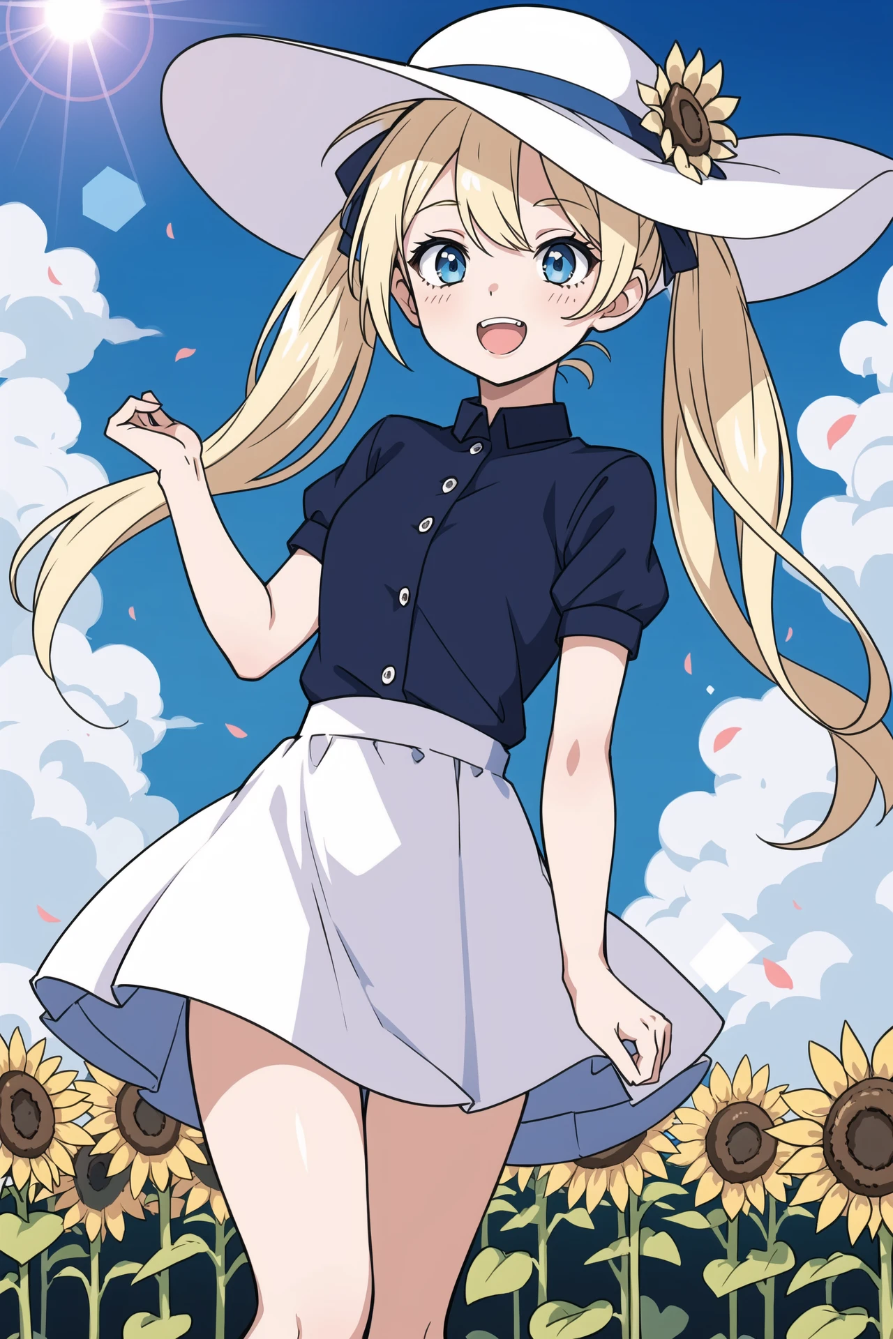 cute little girl,,solo,wind,pale-blonde hair, blue eyes,very long twintails,white hat,blue sky,laugh,double tooth,,lens flare,dramatic, coastal,
flying petal, flowery field, sky, sun,field, sunflower, masterpiece, best quality,