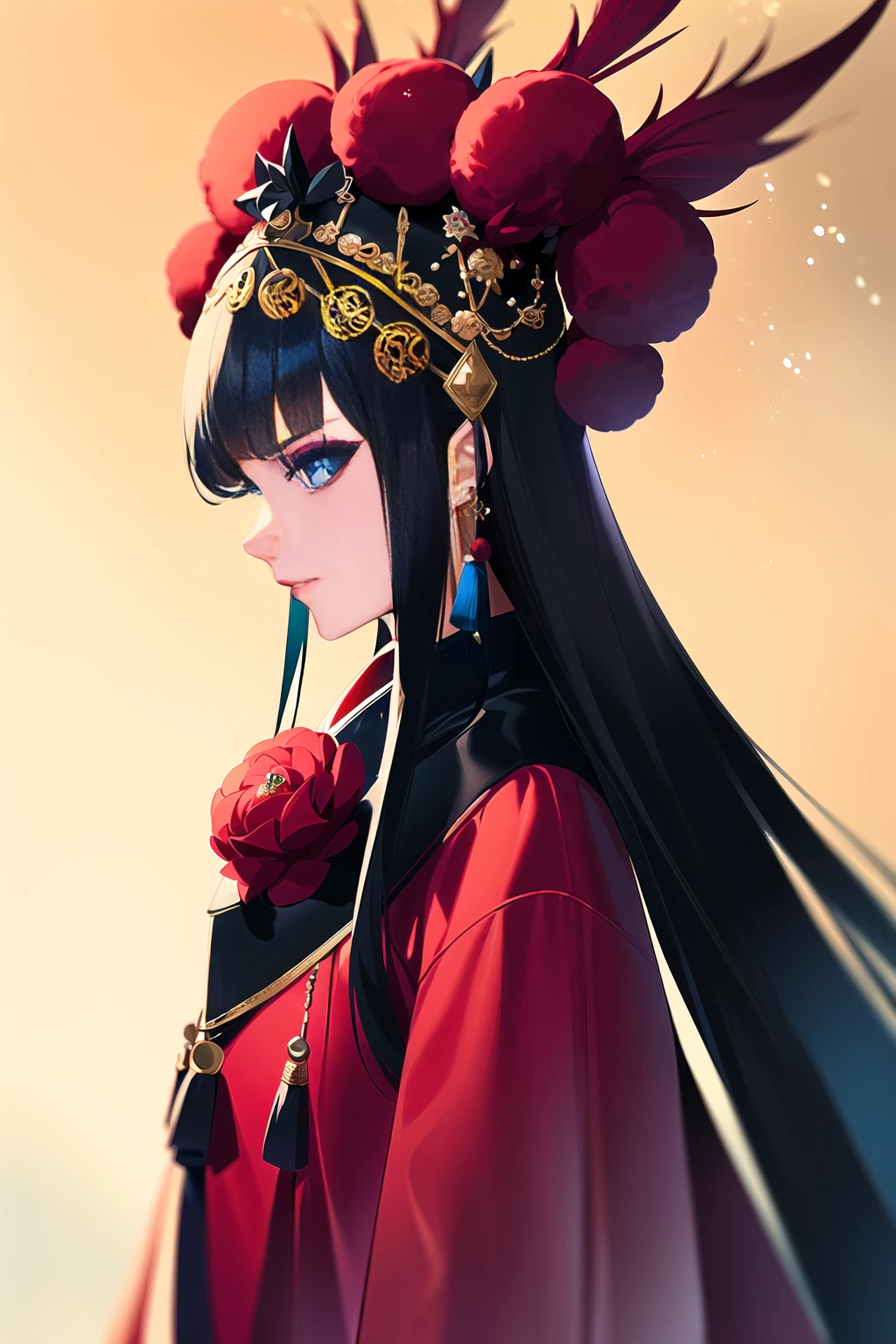 masterpiece,
1 girl, CNoperaCostume, CNoperaheaddress, CNoperaFlag, (makeup), tassel, low Saturation, darker, black hair, headdress, from side,