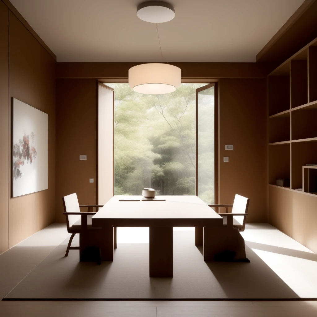 ((Best quality)), ((masterpiece)), ((realistic)) representation of a Japanese-style minimalist study room design. The study room beautifully combines the principles of Japanese aesthetics and minimalism, creating a serene and functional space. The design incorporates clean lines, uncluttered surfaces, and a focus on essential elements. Soft and natural lighting diffuses gently, creating a soothing atmosphere for concentration and reflection. The color scheme revolves around neutral tones and earthy hues, promoting a sense of harmony and peace. The study room is thoughtfully organized, providing ample storage and workspace while maintaining a minimalist aesthetic. The high-definition image captures the intricate details of the design, from the simplicity of the furniture to the natural textures. This Japanese-style minimalist study room design offers a calm and inspiring environment for focused work, contemplation, and personal growth. On eye level, scenic, masterpiece.