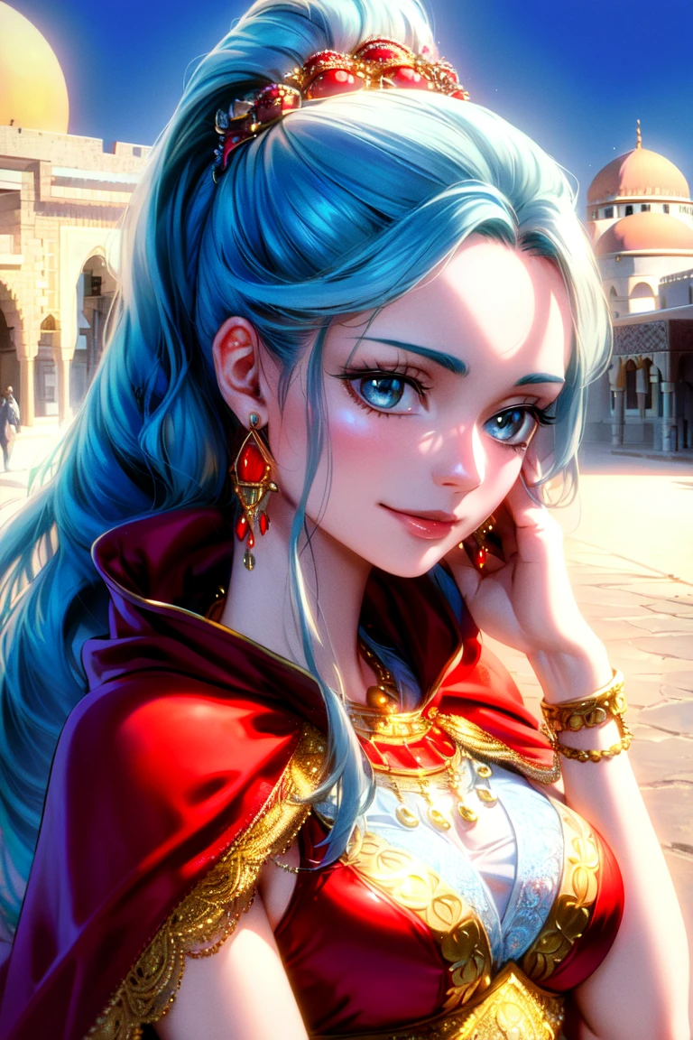ultra realistic 8k cg, (ultra detailed background, delicate pattern, intricate detail, highly detailed, fine details), best quality, (photorealistic:1.4),beautiful lighting, absurdres, RAW photo, film grain, ((medium breasts, slim girl, close-up, portrait)), NefertariVivi, 1girl, long hair, blue hair, solo, jewelry, earrings, ((small breasts, slim girl, red cape, arabic dancer outfit, covered lower body)), dress, ponytail, hair ornament, navel, necklace, sky, blue eyes, midriff, (complex detailed background, outside, sunny, desert town environment, buildings, town, market, hair lift, hands behind back, smile, wide smile), <lora:BeautifulDetailedEyes:0.4>, <lora:DetailTweaker:0.5>, <lora:NefertariVivi:0.8>