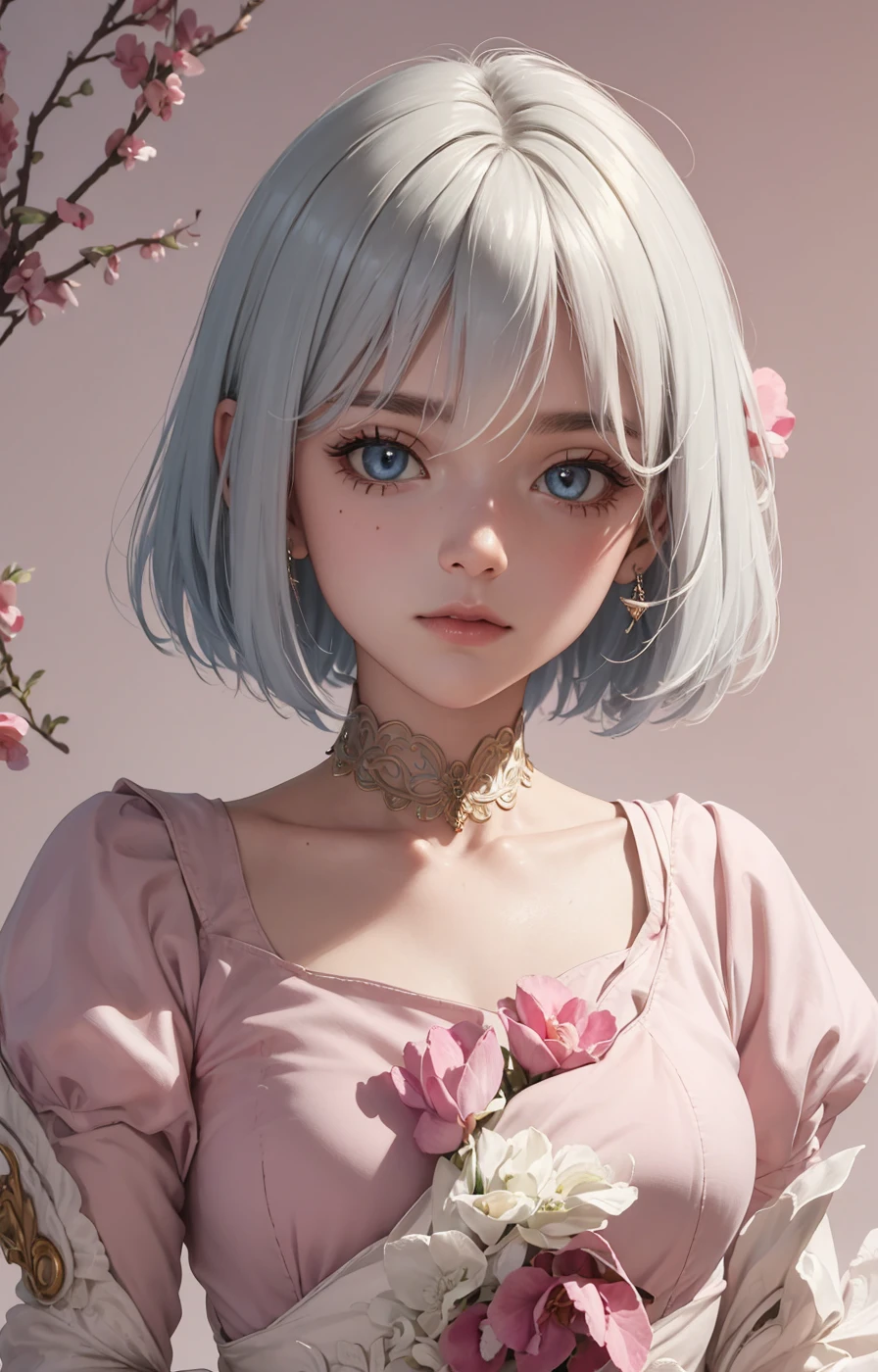 (masterpiece:1.4, best quality), (intricate details), unity 8k wallpaper, ultra detailed, beautiful and aesthetic, ph elaina, Eoutfit5, elaina (majo no tabitabi), dress, choker, short hair, pink dress, 1girl, short sleeves, puffy short sleeves, white hair, pink gloves, pink choker, hair between eyes, bow, collarbone, blue eyes, elbow gloves, bangs, solo, pink bow, red bow, jewelry, <lora:elaina-ph_64:1>, perfect lighting, dynamic pose, dynamic angle, detailed background, perfect detailed face, detailed eyes, highly detailed,, (masterpiece:1.4, best quality), (intricate details), unity 8k wallpaper, ultra detailed, beautiful and aesthetic,