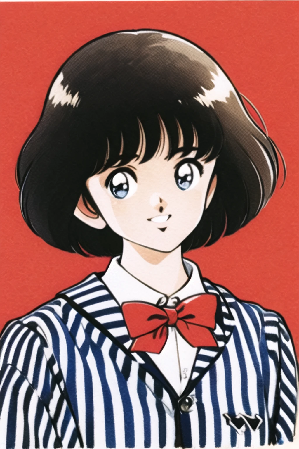 <lora:Adachi:0.9>,1girl, solo, black hair, bow, white background, retro artstyle, blue eyes, simple background, striped, shirt, bowtie, short hair, striped bow, white shirt, looking at viewer, school uniform, portrait, upper body, red bow, bob cut, smile, bangs