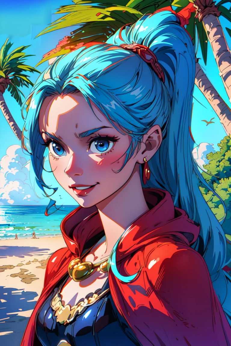 ultra realistic 8k cg, (ultra detailed background, delicate pattern, intricate detail, highly detailed, fine details), best quality, (photorealistic:1.4),beautiful lighting, absurdres, RAW photo, film grain, ((medium breasts, slim girl)), NefertariVivi, 1girl, long hair, blue hair, solo, smile, jewelry, earrings, ((small breasts, slim girl, red cape, arabic dancer outfit, covered lower body)), dress, ponytail, hair ornament, navel, necklace, sky, blue eyes, midriff, close-up, portrait, (complex detailed background, outside, sunny, beach environment, ocean, pirate wooden ship, palm trees, hair lift), <lora:BeautifulDetailedEyes:0.4>, <lora:DetailTweaker:0.5>, <lora:NefertariVivi:0.7>