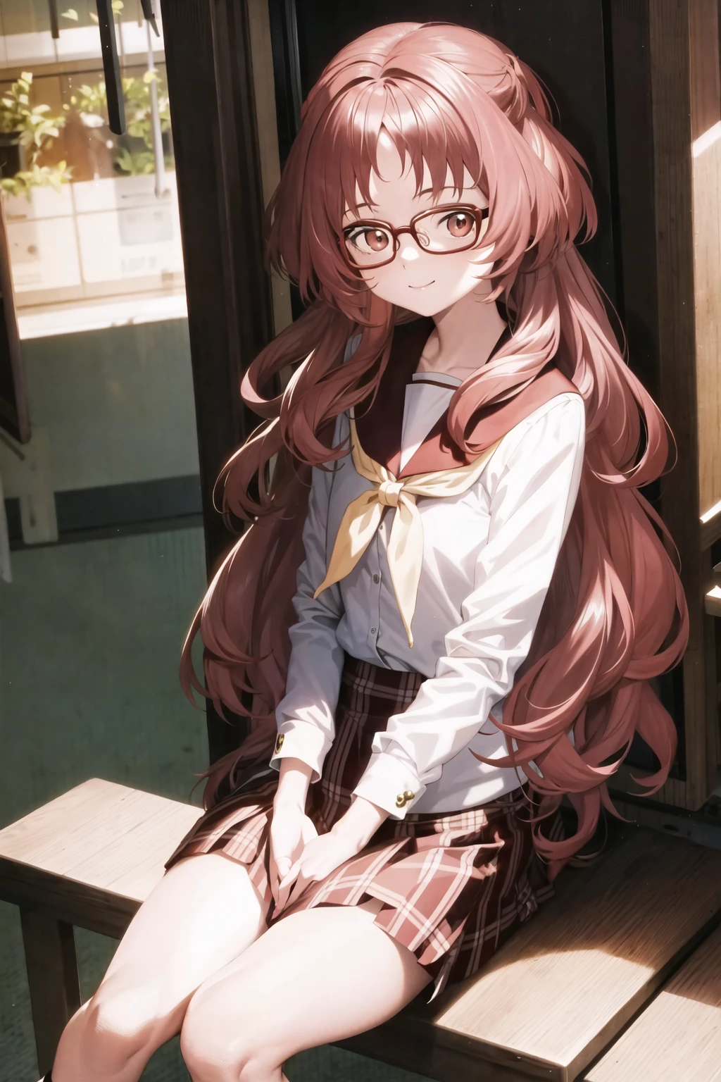 Mie Ai、1 girl、Wavy hair、glasses、small breasts、he is short、、High resolution、highest quality、detailed face、detailed eyes、white panties、squat、look here、skirt