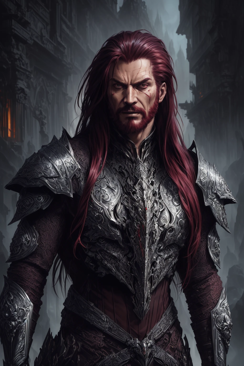 (masterpiece ,high quality, best quality, detailed), hd, perfect lighting, <lora:add_detail:0.8>,
<lora:GoodHands-beta2:0.8>,
(1man, thin adult male:1.2), yellow eyes, ginger hair, side part,
solo, from front, front view, upper body, detailed background, detailed face, (<lora:GothicHorrorAI:0.5>, gothichorrorai, gothic theme:1.1), champion, tyrannical, sinister smirk, scarred, dark clothes, spiked armor, mysterious dynamic pose, vultures in background, underworld in background, shadowy dark sinister atmosphere, black clouds,