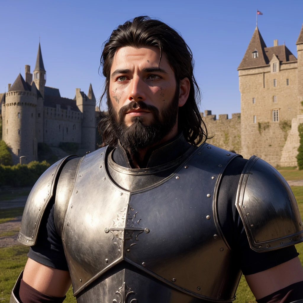 nighttime, wearing medieval armor, medieval castle in background, photo of  warrior man with dark beard, long  dark hair, wrinkled skin,  the best picture, scars on face,  (highly detailed face:1.4), pale skin, (detailed skin texture:1.2),  8K, (photorealistic:1.5),  ultrasharp, (masterpiece), best quality, (extremely detailed:1.3),  <lyco:GoodHands-beta2:1.0>, perfect hands,