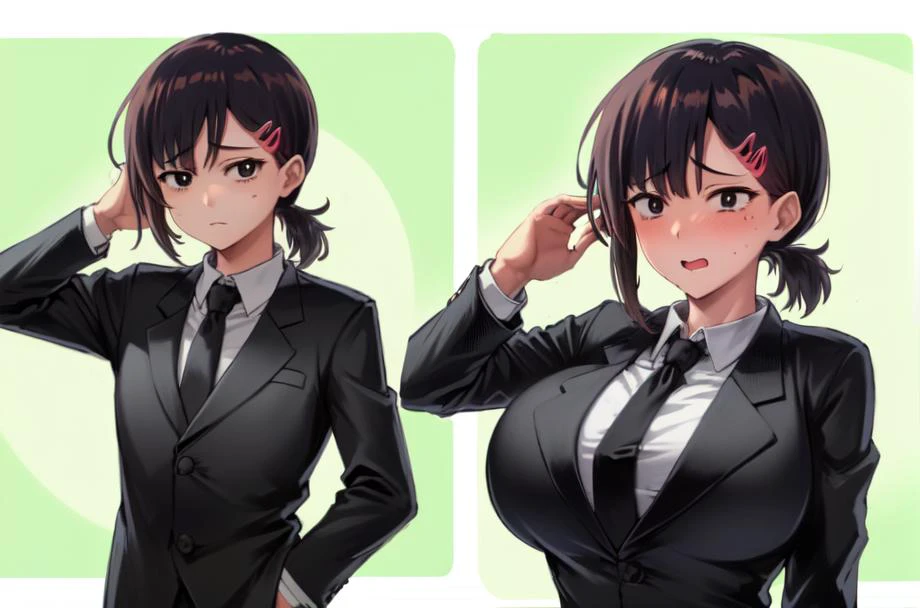 masterpiece, best quality,1girl, higashiyama kobeni, <lora:kobeni:1>, black hair, black eyes, short hair, short ponytail, side ponytail, bangs, single sidelock, hair ornament,<lora:Breast_expansion-4_2:0.6>, (breast expansion:1.2), huge breasts, (formal:1.2), necktie,sfw