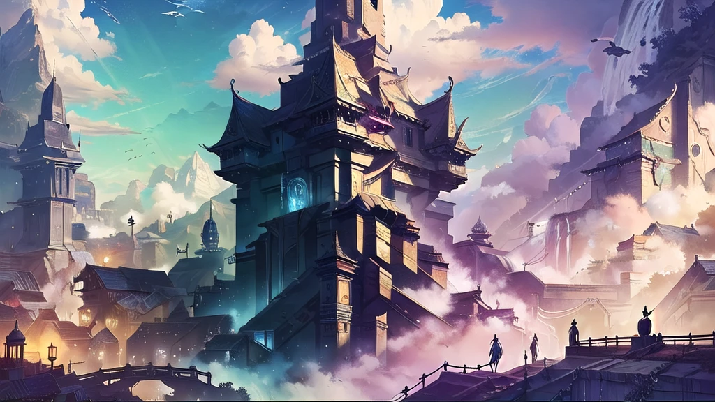 best quality, 4K wallpaper, masterpiece, extremely detailed CG unity 8k wallpaper, extremely detailed eyes, ultra-detailed, intricate details, fantasy, potrait, sky land, sky city, fly city, cloud, <lora:duobackground:0.8>