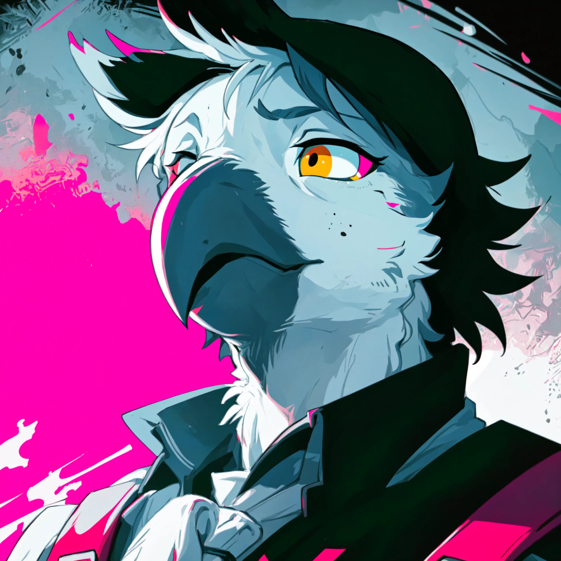 anthro avian bird, beak, tired, sleep deprived, bags under eyes, male, (red) and white and black, early morning, staring, close up, headshot,  bloodstainai, strong outlines, <lora:Bloodstainai:0.6>, high contrast, bright colors,  <lora:Neno:0.>
