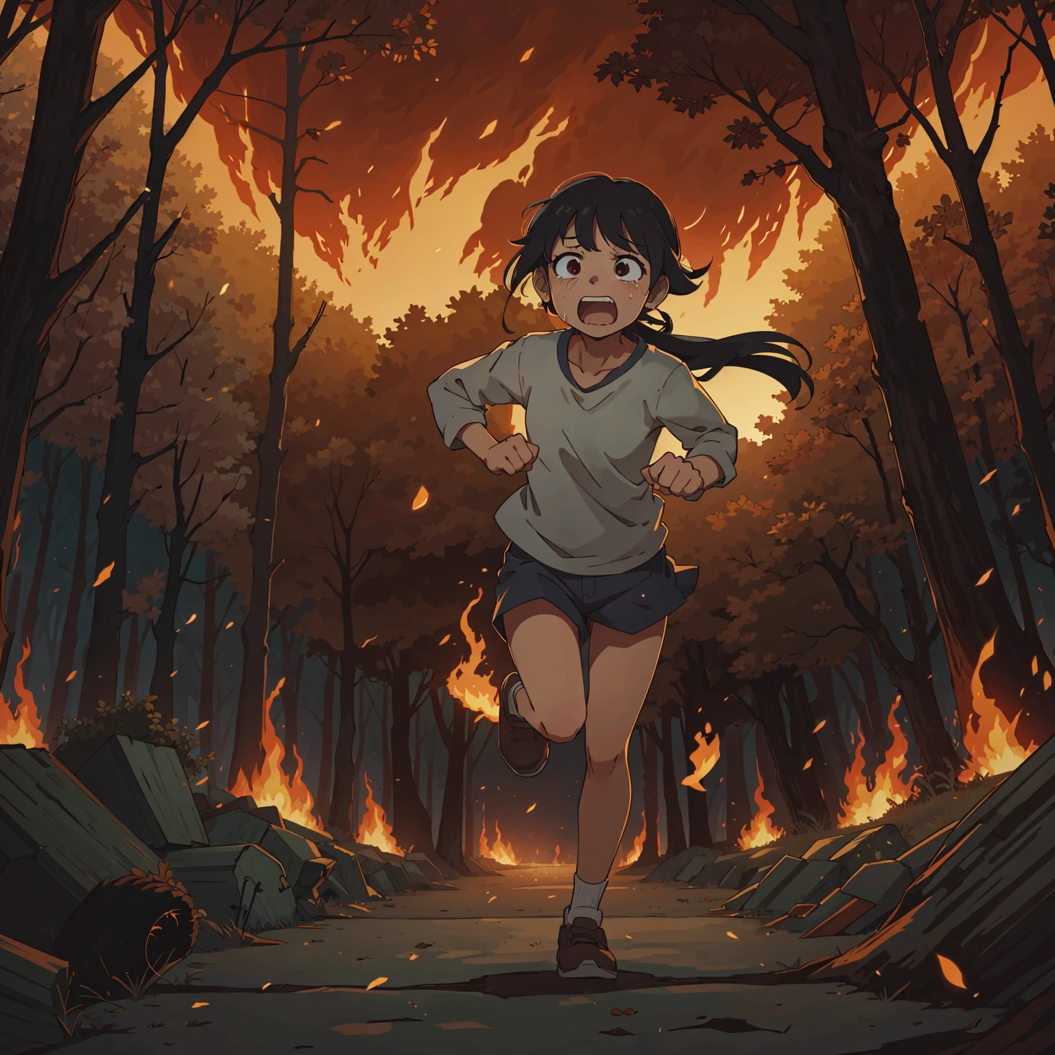(best-quality:0.8), (best-quality:0.8), perfect anime illustration, crying and screaming, terrifying forest fire, I run from the burning forest