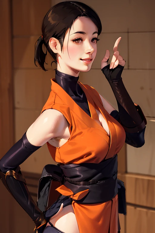 Kaede, short black hair, brown hair,ponytail ,medium breasts, standing, upper body, smiling, hands up,solo
KaNin,black thighhighs,gloves, panties,sleeveless, short orange kimono,elbow gloves,sandals,ninja, cleavage,
(insanely detailed, beautiful detailed face, masterpiece, best quality)
<lora:Kaede:0.8>