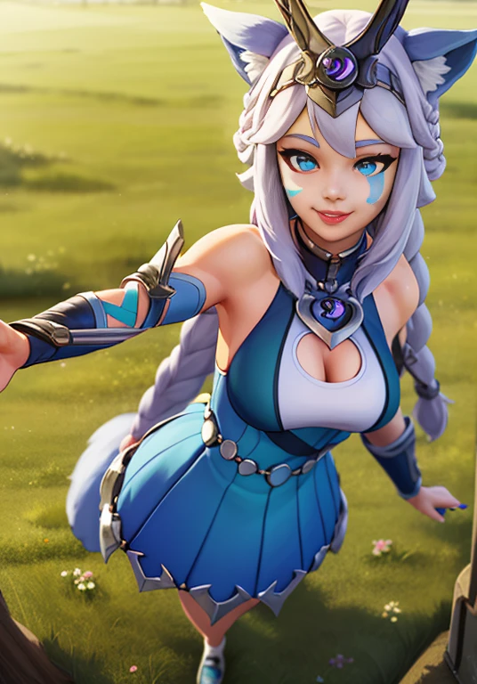 Io,blue eyes,braid, wolf ears, wolf tail,very long light purple hair,lips,facial mark,twin braids,nail polish ,collarbone , standing, smiling, close up,
IoDre,blue dress ,detached sleeves, bare shoulders, clothing cutout , shoes,
night time, moonlight, grass, lake,
(insanely detailed, beautiful detailed face, masterpiece, best quality) <lora:Io:0.8>