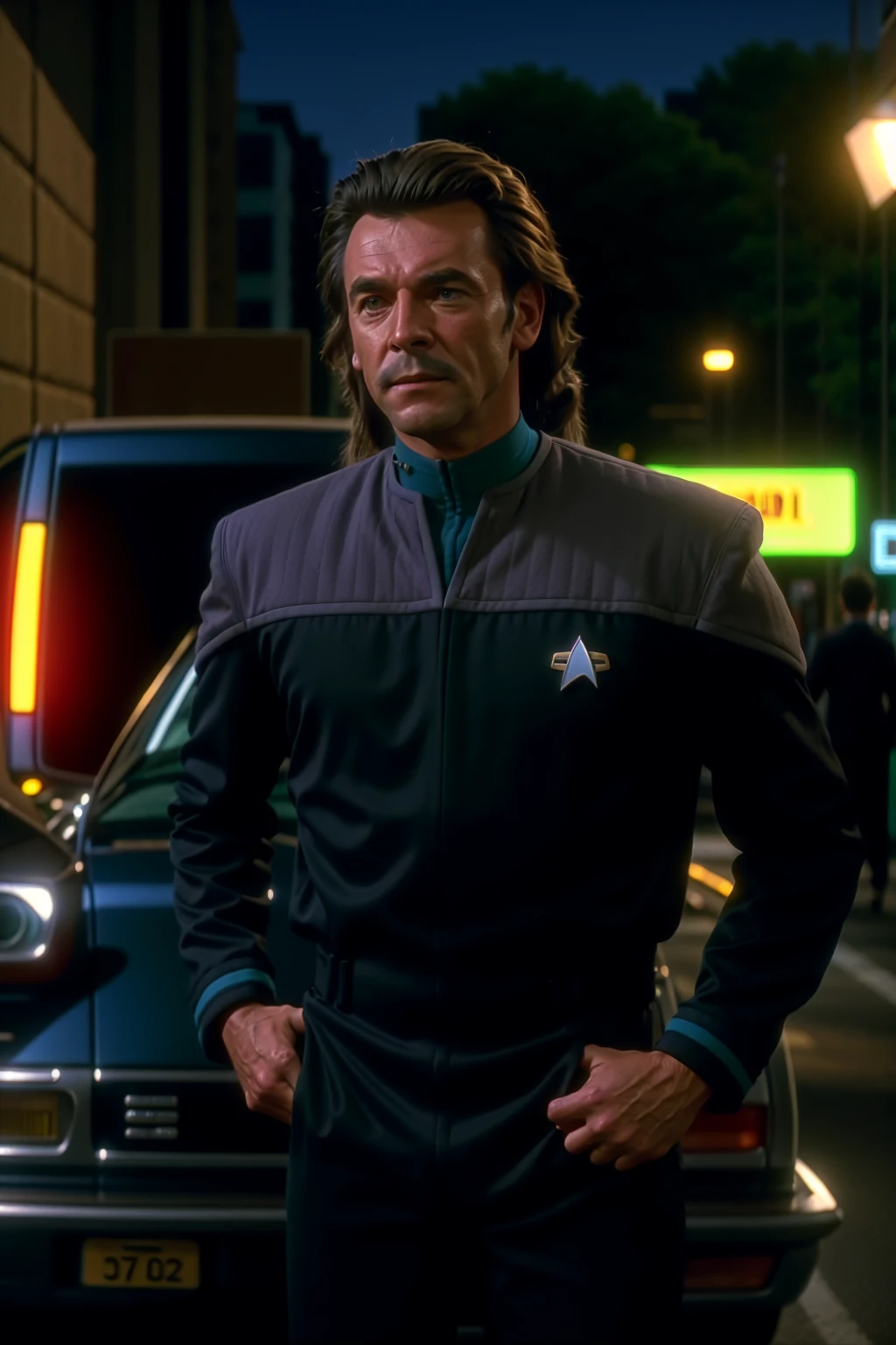 man with a (mullet:1.1) in black and teal ds9st uniform,near a car on a street, 8k uhd, dslr, soft lighting, high quality, film grain,masterpiece quality,Fujifilm XT3<lora:DS9_768V12:0.8>