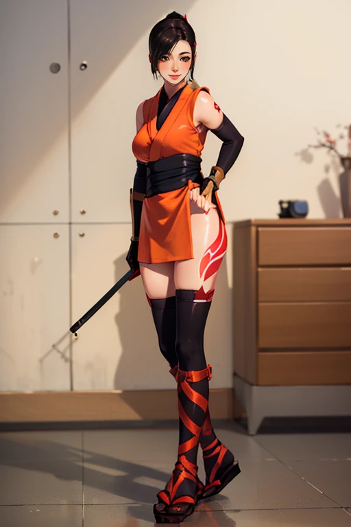 Kaede, short black hair, brown hair,ponytail ,medium breasts, standing, smiling, ,solo ,red tattoo on left thigh,
KaNin,black thighhighs,gloves, panties,sleeveless, short orange kimono,elbow gloves,sandals,ninja, cleavage,
(insanely detailed, beautiful detailed face, masterpiece, best quality)
<lora:Kaede:0.8>