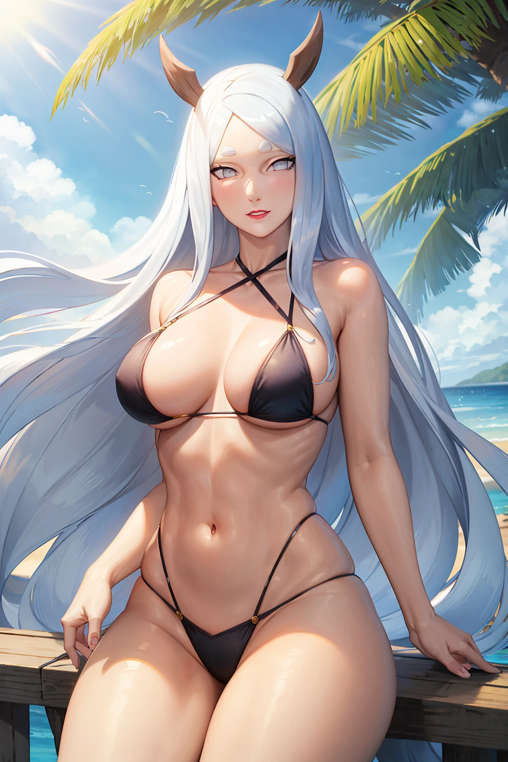 masterpiece,best quality,highly detailed,ultra-detailed,an extremely delicate and beautiful,masterpiece,1girl, solo,kaguya,mature female,large breasts,long hair,  outdoors,  beach,  halterneck, palm tree, sunlight,  floating hair, 