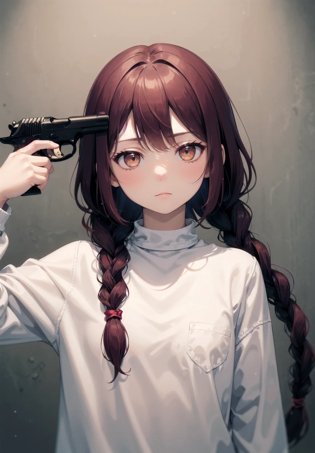masterpiece, best quality, g2h, gun to head, handgun, holding gun, cowboy shot, 1girl, cold eyes, distant, blank stare, expressionless, empty eyes, no expression, apathetic, gold eyes, tri braids and dyed red bangs, dark green hair