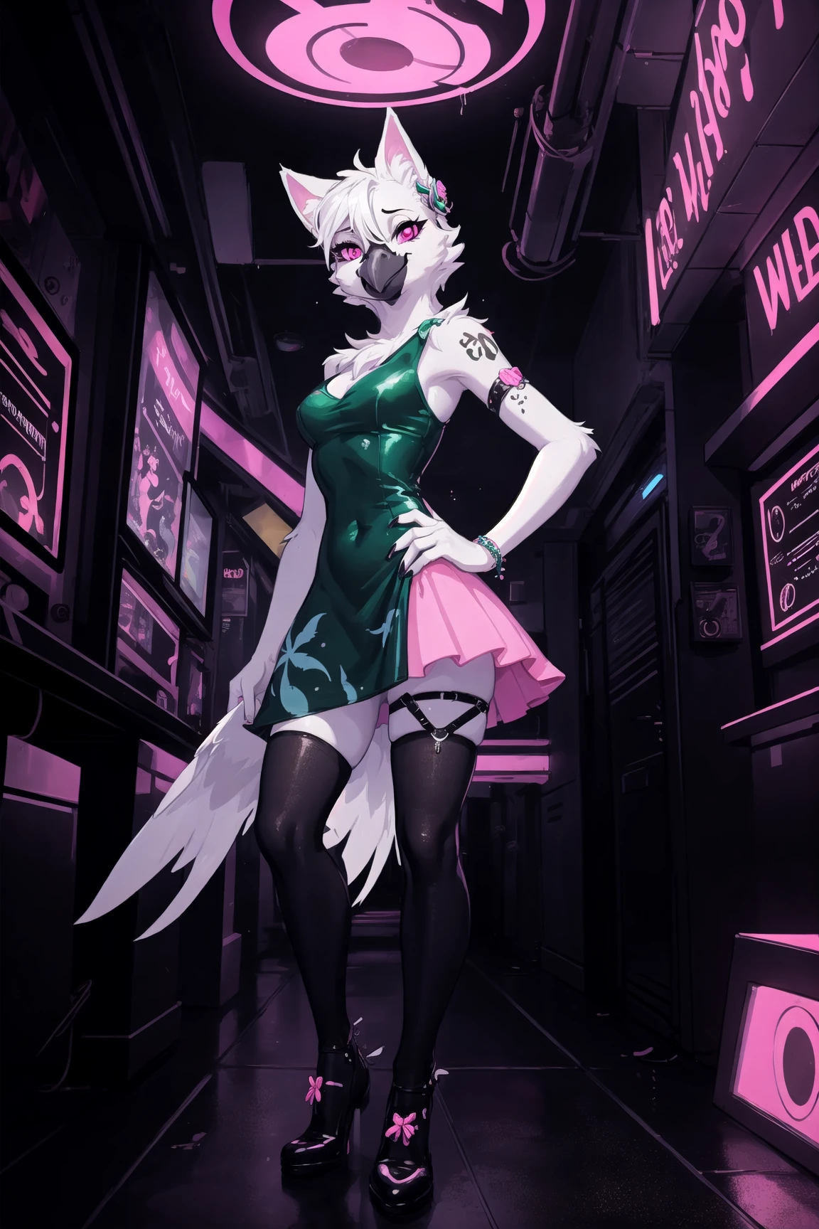 anthro avian bird, beak, wings, pink body, green dress, medium breats, in a dark night club, neon lights, cyberpunk aesthetic,