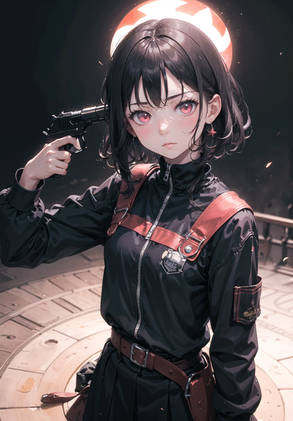 masterpiece, best quality, handgun, gun to head, holding gun, cowboy shot, 1girl, cold eyes, distant, blank stare, expressionless, empty eyes, no expression, apathetic, bright pink eyes, sidecut and swept bangs, black hair