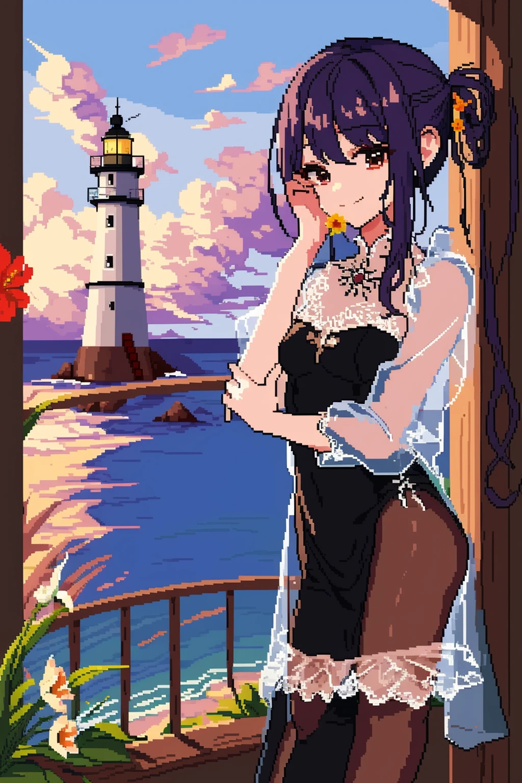 pixel art,masterpiece, best quality,smile,closed mouth,fusion,smelling flower,lighthouse,see-through,hair pulled back,bodystocking,