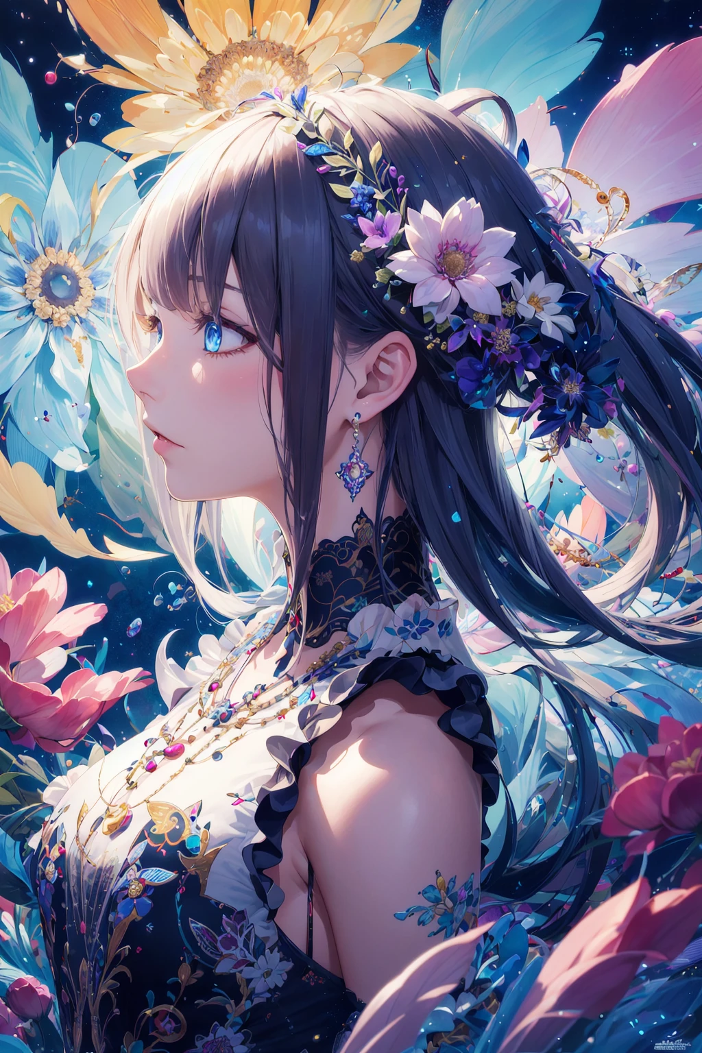 absurdres, highres, (official art, beautiful and aesthetic:1.2), close view,
[ (1girl:1.2), long hair, complex hair, colorful hair, dynamic hair, shining eyes : calligraphy art, calligraphy : 15 ], complex dress,
(fractal art:0.9),
(complex background:1.1), flower effects, dna effects,