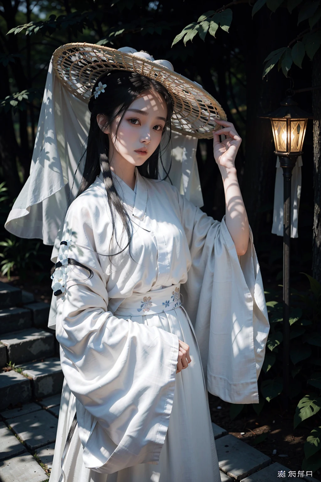 1girl, white_veil_hat, masterpiece, 8k, best quality, photorealistic, <lora:veilhat_v2:0.88>, black_hair, long_hair, long_sleeves, looking_at_viewer, solo, white_shirt