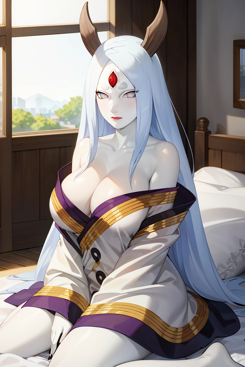 masterpiece,best quality,highly detailed,ultra-detailed,an extremely delicate and beautiful,masterpiece,1girl, solo,kaguya,mature female,large breasts,   long hair,  third eye,horns,white short eyebrows, (pale skin:1.3), otsutsuki kimono, looking at viewer, on bed,indoors,window,  wariza,  cleavage,  off shoulder, 