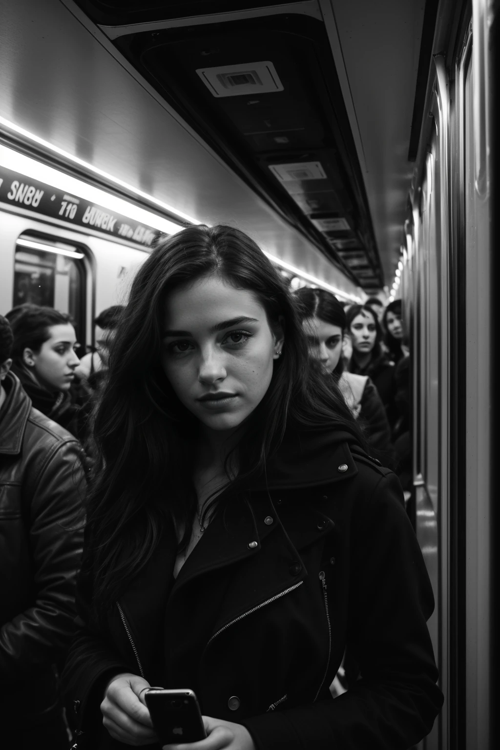 Best quality, masterpiece, ultra high res, (photorealistic:1.4), raw photo, ((monochrome)), ((grayscale)), black and white photography, street photography, trending on flickr, 1girl, offshoulder, in the dark, deep shadow, low key, cold light, deep contrast, bokeh, depth of field, (looking at viewer, softly smiling), a photo of a inside a subway car holding her cellphone, wall full of grafittis, Drew Tucker, award-winning photograph, a black and white photo, neoism, background crowds, people in backgrounds, ((upper body)), ((straight photo)),