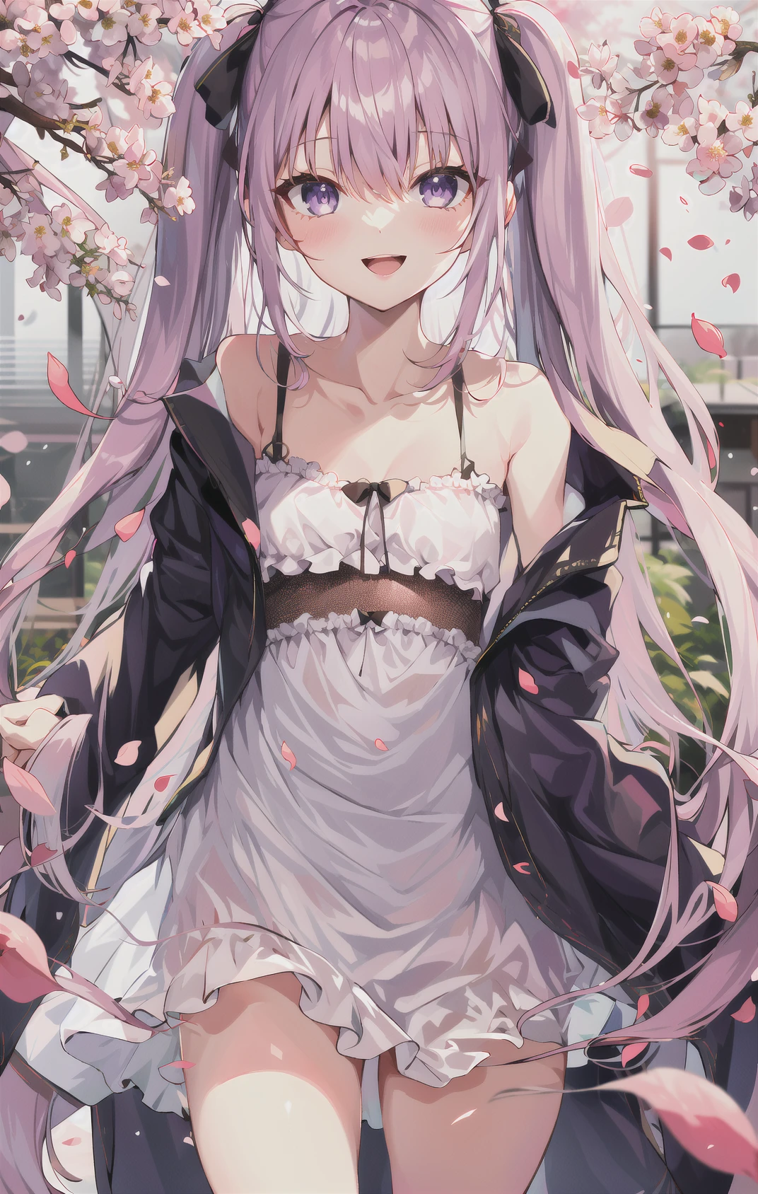 1girl, twintails, bangs, bare_shoulders, blush, bow, branch, breasts, cherry_blossoms, collarbone, day, dress, eyebrows_visible_through_hair, falling_petals, flower, frilled_dress, frills, from_below, hair_between_eyes, hanami, jacket, leaves_in_wind, long_sleeves, looking_at_viewer, off_shoulder, open_clothes, open_jacket, open_mouth, outdoors, parted_lips, petals, petals_on_liquid, pink_flower, pink_hair, purple_eyes, ribbon, rose_petals, sidelocks, small_breasts, smile, solo, spring_\(season\), thighs, tree, two_side_up, very_long_hair, white_dress <lora:style_kedamaa:0.8>