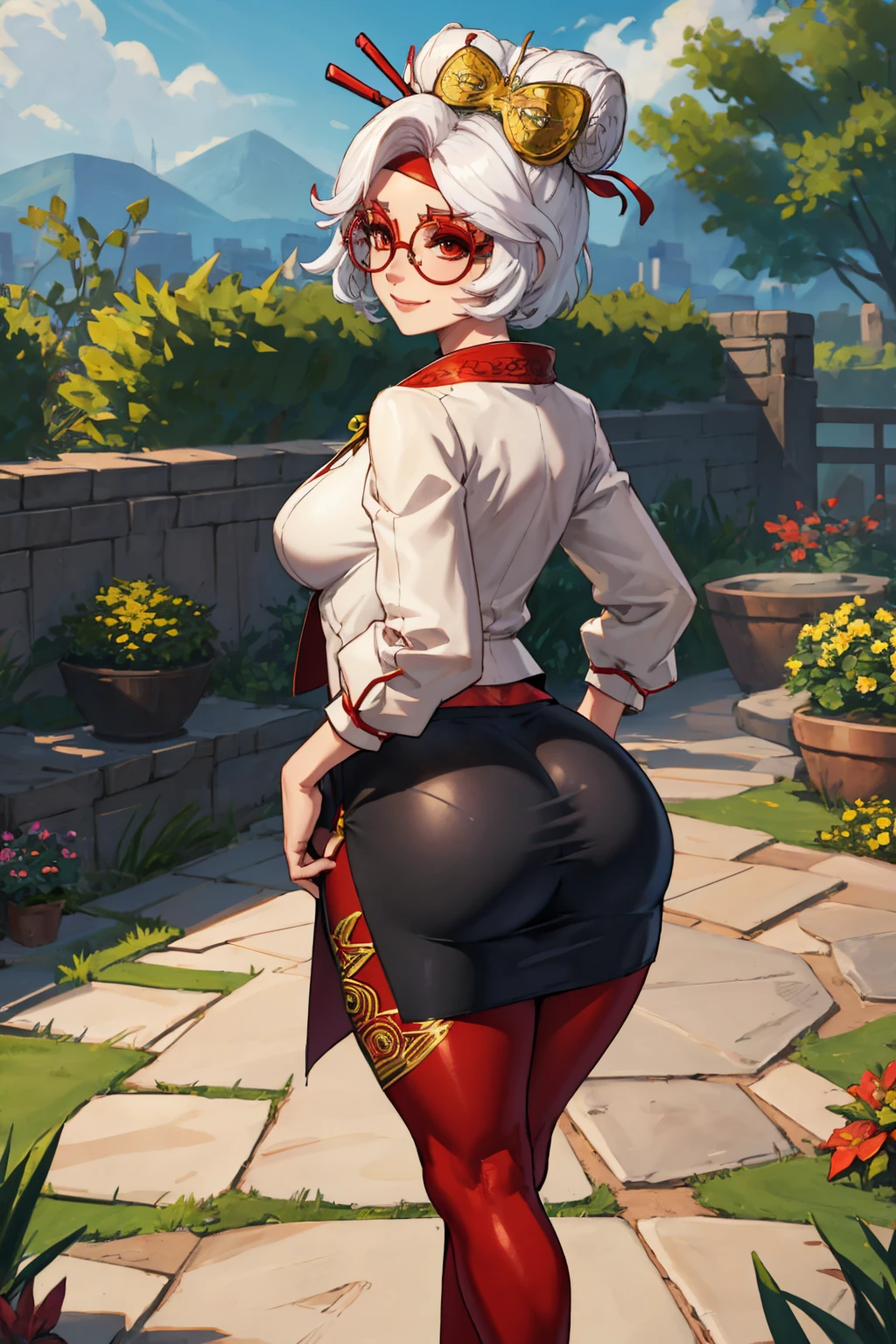 masterpiece, best quality, purah, red glasses, hair ornament, hair stick, red headband, white shirt, white jacket, black skirt, orange leggings, high heels, standing, smile, from behind, looking back, thick thighs, garden, hands to hips <lora:purah-nvwls-v3-2-000012:0.8>