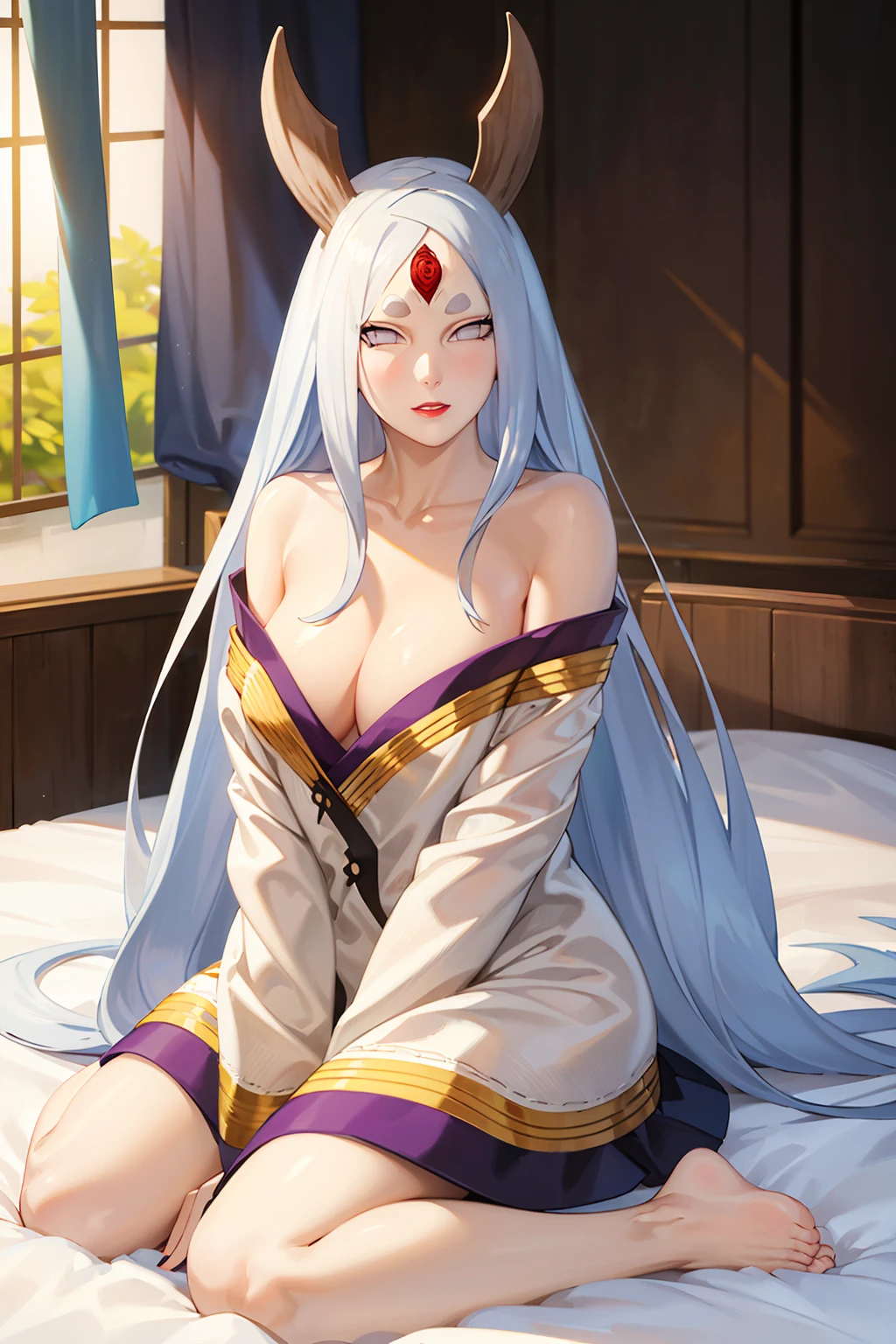 masterpiece,best quality,highly detailed,ultra-detailed,an extremely delicate and beautiful,masterpiece,1girl, solo,kaguya,mature female,  long hair,  third eye,horns,white short eyebrows,  otsutsuki kimono, looking at viewer, on bed,indoors,wariza,  cleavage,  off shoulder, 