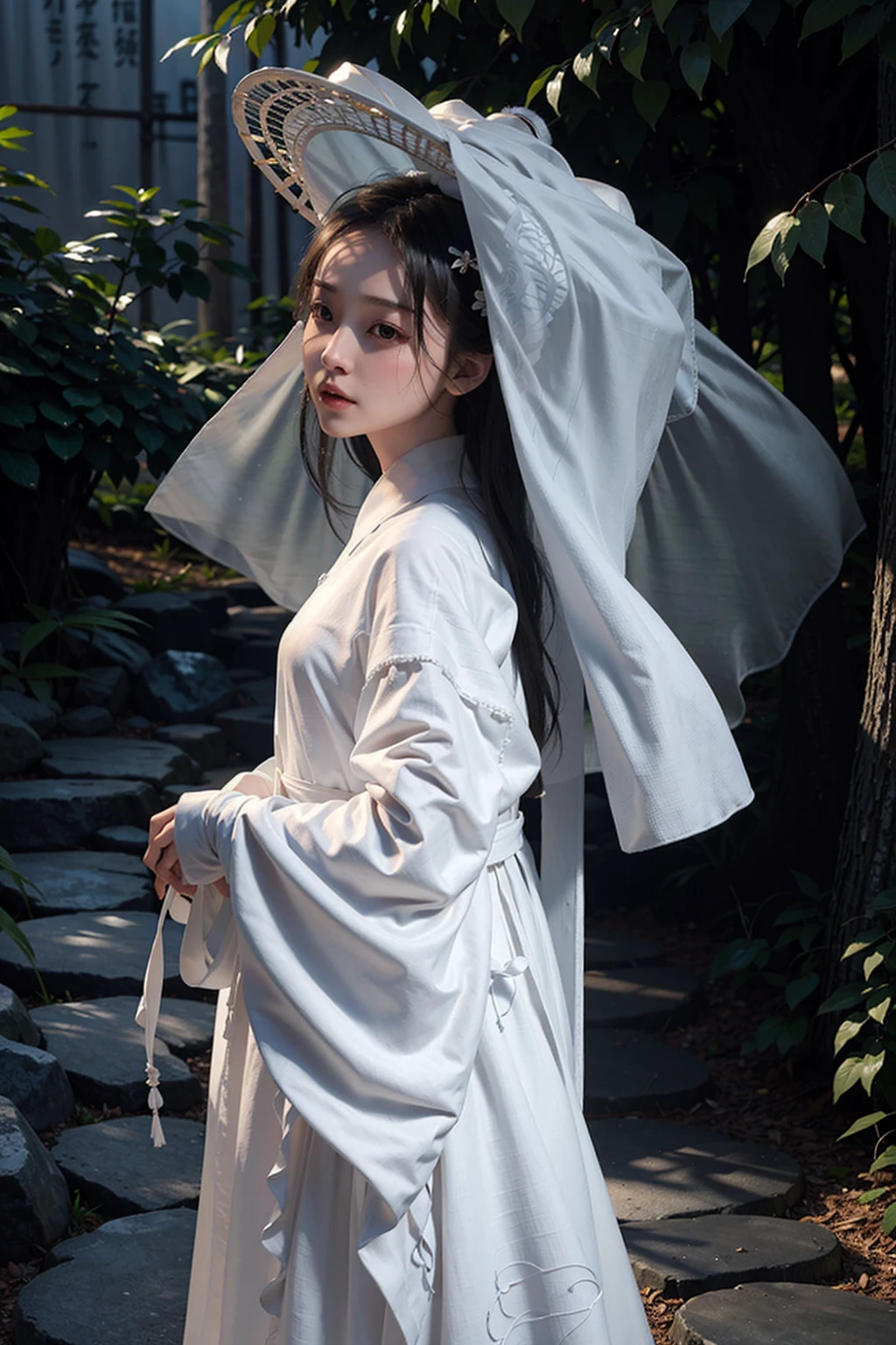 1girl, (white_veil_hat:1.35), masterpiece, 8k, best quality, photorealistic, <lora:veilhat_v2:0.6>, chinese clothes