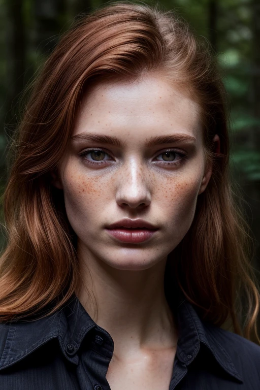 a photo of a seductive woman with loose styled redhead hair, posing in a forest, bored, she is wearing Button-up Shirt and Trousers, mascara, , (textured skin, skin pores:1.1), (moles:0.8), (imperfect skin:1.1) intricate details, goosebumps, flawless face, (light freckles:0.9), ((photorealistic):1.1), (raw, 8k:1.2), dark, muted colors, slate atmosphere,