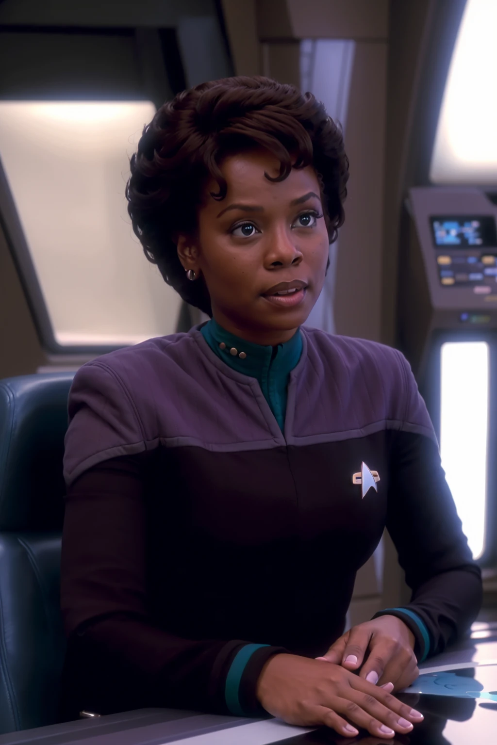 woman with afro in black and teal ds9st uniform sitting,dsnstation bridge, 8k uhd, dslr, soft lighting, high quality, film grain,masterpiece quality,Fujifilm XT3<lora:DS9_768V12:0.8>