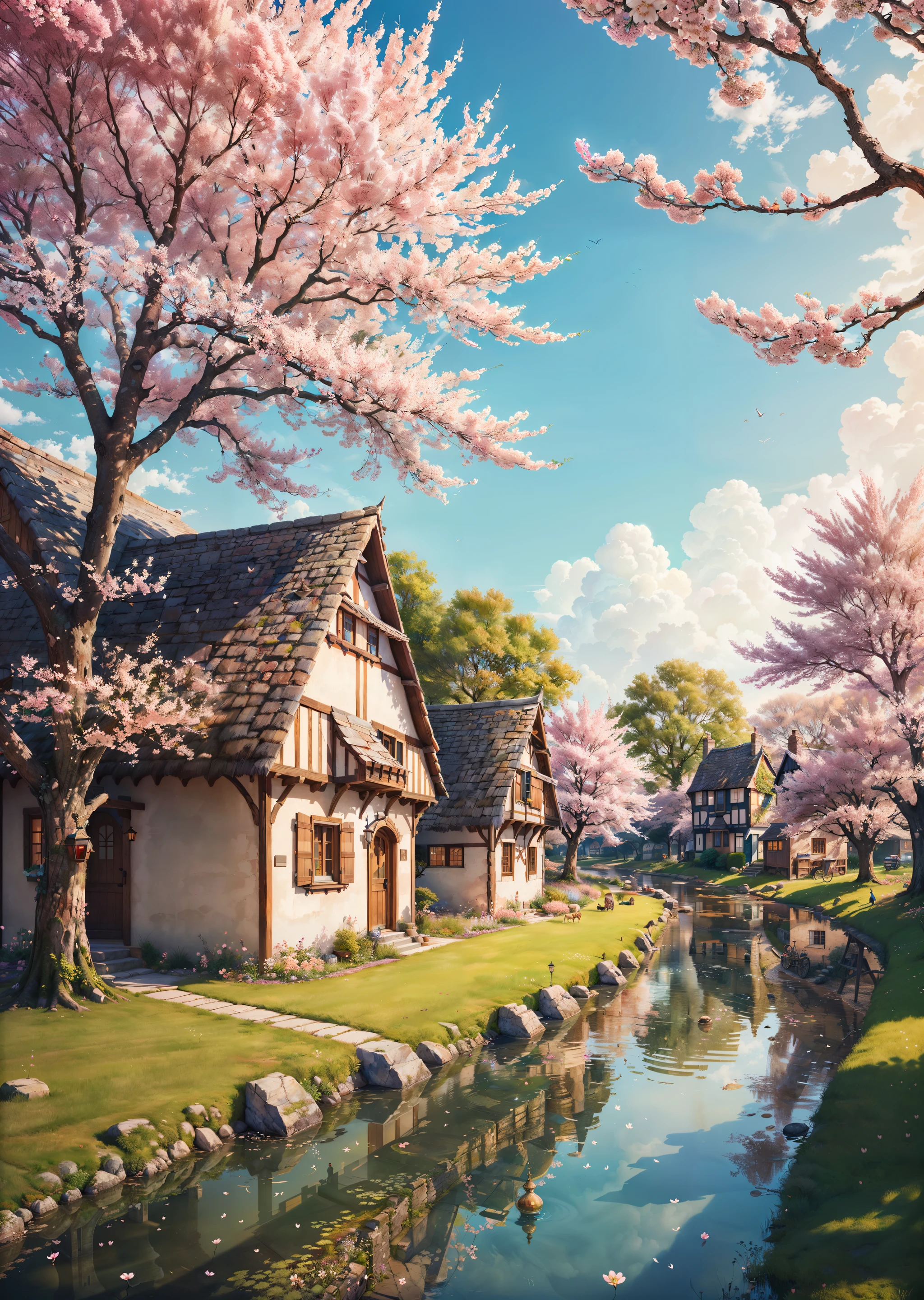 An enchanting digital illustration of a medieval town serene and magical, pastel hues, cherry blossom trees, tranquil river flowing through, quaint cottages, gentle breeze, whimsical creatures roaming around, 8k, ((masterpiece)), artstation, highly detailed, sharp focus