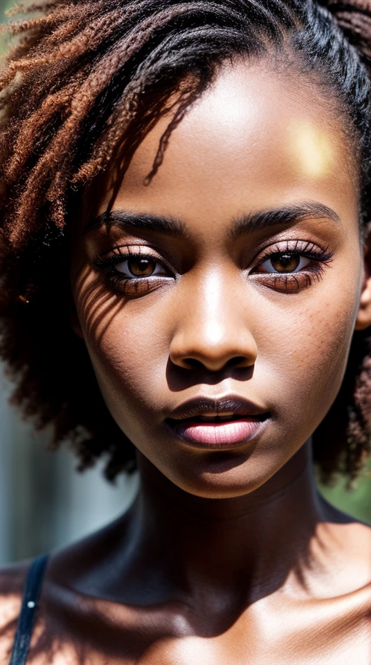 closeup face photo of beautiful ebony teenager_woman, dark makeup, short ginger hair, big perfect eyes, big perfect lips, hyperdetailed photography, soft light, head and breast portrait, cover,, best quality, (detailed beautiful face, detail skin texture, ultra-detailed body:1.1)