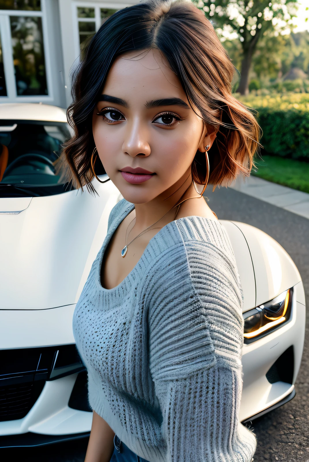 ((Selfie:1.1)), (raw:1.1) photo of (Abh1l4sh401:0.99), a woman as an instagram influencer, modelshoot style, (extremely detailed CG unity 8k wallpaper), photo of the most beautiful artwork in the world, professional majestic oil painting by Ed Blinkey, Atey Ghailan, Studio Ghibli, by Jeremy Mann, Greg Manchess, Antonio Moro, trending on ArtStation, trending on CGSociety, Intricate, High Detail, Sharp focus, dramatic, photorealistic painting art by midjourney and greg rutkowski, (oversized sweater:1.2), (standing in front a sports car:1.1), (makeup:1.1), ((drive way )), ((sports car)), ((mansion in the background)), (looking at viewer:1.3), (detailed pupils:1.3), (modern outfit:1.2), (closeup), (earrings)
