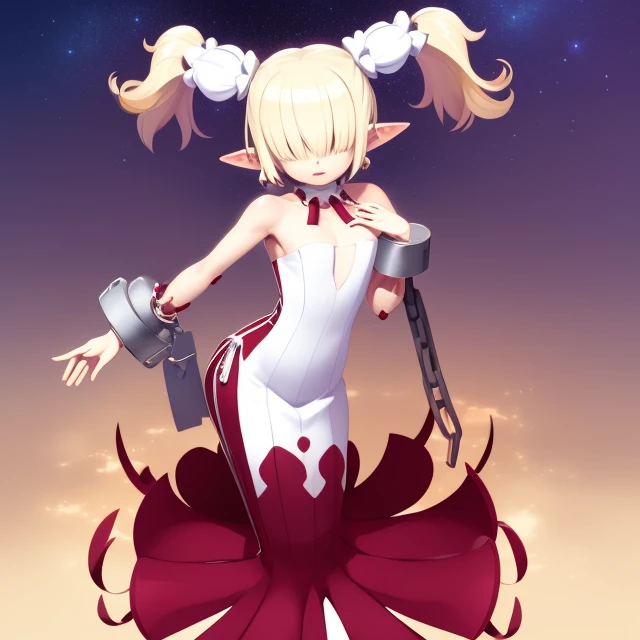 Clergy,flat chest ,pointy ears, short twintails ,hair over eyes ,blonde hair, jewelry. standing, holy aura, floating,
ClDres,bare shoulders ,cuffs ,white strapless dress with red trim, ,shackles,
outer space, open church, milky way,
(insanely detailed, beautiful detailed face, masterpiece, best quality) <lora:Clergy:0.8>