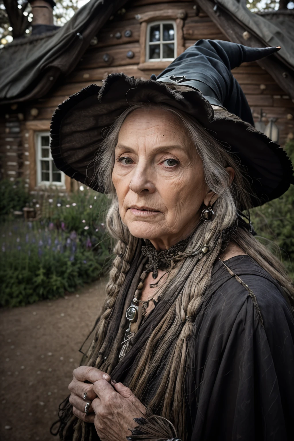 an old, (witch:1.3), crone, wrinkled face, hair blowing in wind, face focus, outside her, (witch cottage:1.4), under trees, looking at viewer, realistic, masterpiece, highest quality, backlighting, lens flare, by Jeremy Lipking, by Antonio J. Manzanedo