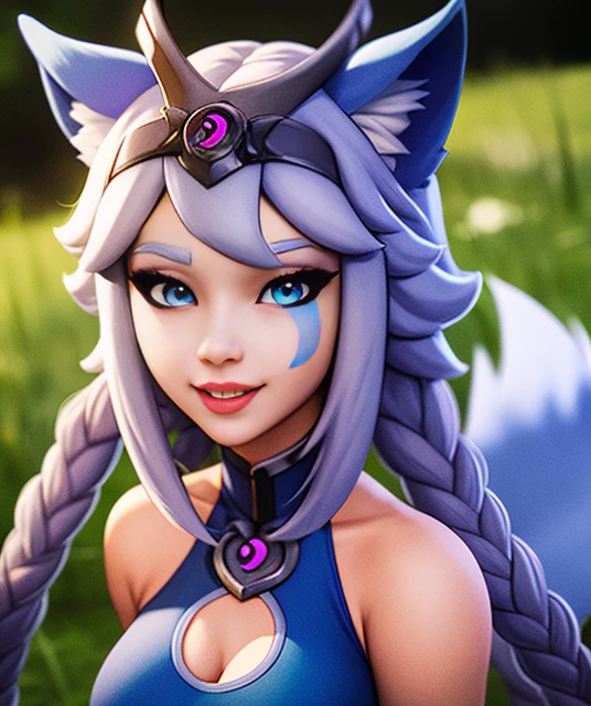 Io,blue eyes,braid, wolf ears, wolf tail,very long light purple hair,lips,facial mark,twin braids,nail polish, fang, smiling, close up,
night time, moonlight,  grass, lake, 
(insanely detailed, beautiful detailed face, masterpiece, best quality)  <lora:Io:0.8>