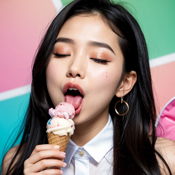 8k HD raw photo of a korean idol sexy licking ice cream cone and (detailed tongue out) and masterpiece and best quality and she closed her eyes comfortably and detailed and (sexual innuendo:1.2) and (ice cream cone) in hand and sticking out tongue to lick ice cream cone and sexy tongue and detailed hands and Detailed 5 fingers and Detailed 5 finger nails