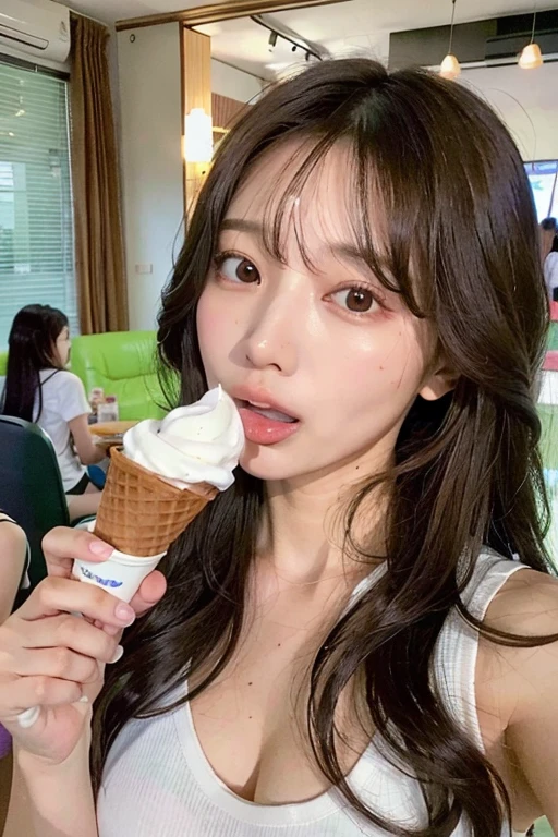 Browsing Caution、Highest quality、8k、masterpiece、Ultra-high resolution、クリアなphotograph、リアルなphotograph、Realistic、Professional Lighting、Natural light、photograph、Very cute girl、Short Bob Hair、Brown Hair、Sexy Face、(Open your mouth、Put the soft serve ice cream in your mouth:1.8)、Apply cream to face:1.6、(Smearing milk on the face:1.4)、Face close-up