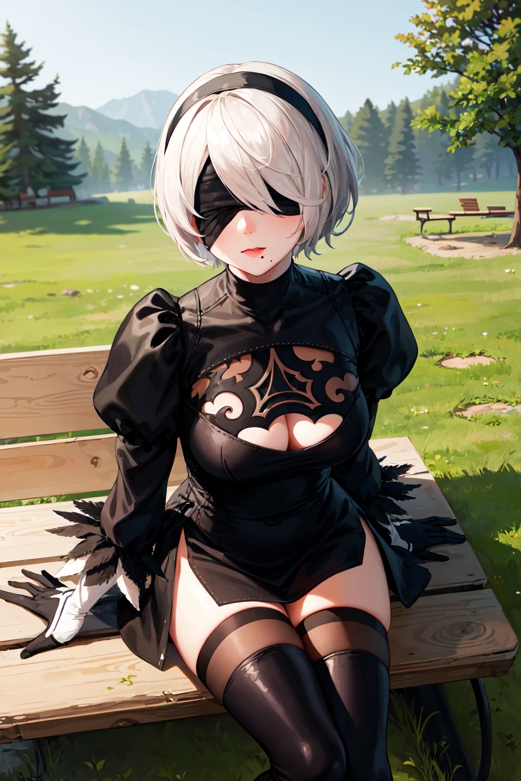 masterpiece, best quality, highres, hm2b, black blindfold, covered eyes, mole under mouth, clothing cutout, long sleeves, puffy sleeves, juliet sleeves, feather trim, black thighhighs, black gloves, black dress, black skirt, thigh boots, <lora:y2b_v2-1:0.7>, sitting, bench, outdoors,