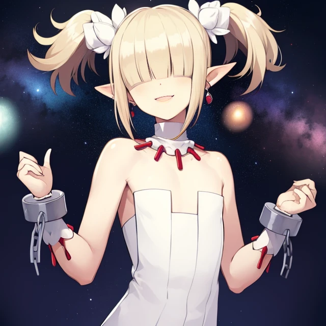 Clergy,flat chest ,pointy ears, short twintails ,hair over eyes ,blonde hair, jewelry. smiling, healing hands, green aura
ClDres,bare shoulders ,cuffs ,white strapless dress ,shackles,
outer space, open church, milky way,
(insanely detailed, beautiful detailed face, masterpiece, best quality) <lora:Clergy:0.8>