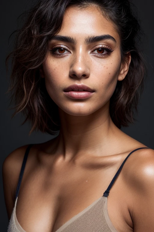 a photo of a seductive Hispanic/Latinx woman with loose styled hair, bored, she is wearing a T-Shirt and Dress pants, , mascara, (textured skin, skin pores:1.2), (moles:0.8), (imperfect skin:1.1), intricate details, goosebumps, flawless face, (light freckles:0.9), ((photorealistic):1.1), (raw, 8k:1.2), dark, muted colors, slate atmosphere