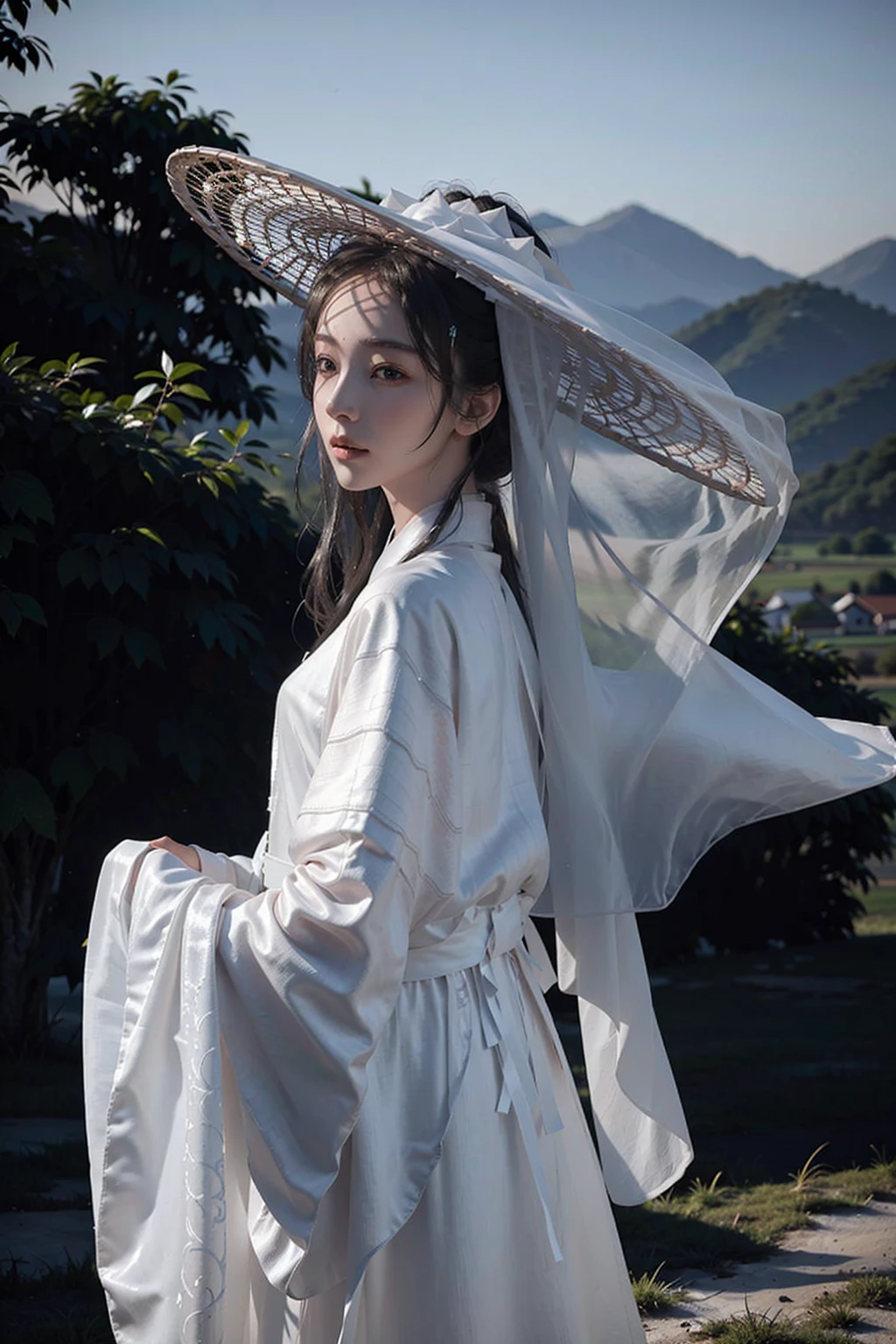 1girl, (white_veil_hat:1.35), masterpiece, 8k, best quality, photorealistic, <lora:veilhat_v2:0.9>, chinese clothes