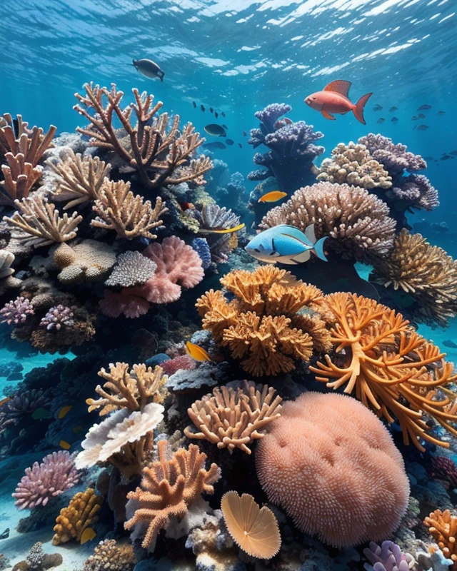 A detailed photograph of a vibrant coral reef, showcasing the intricate formations, diverse marine life, and the brilliant colours of the underwater ecosystem.