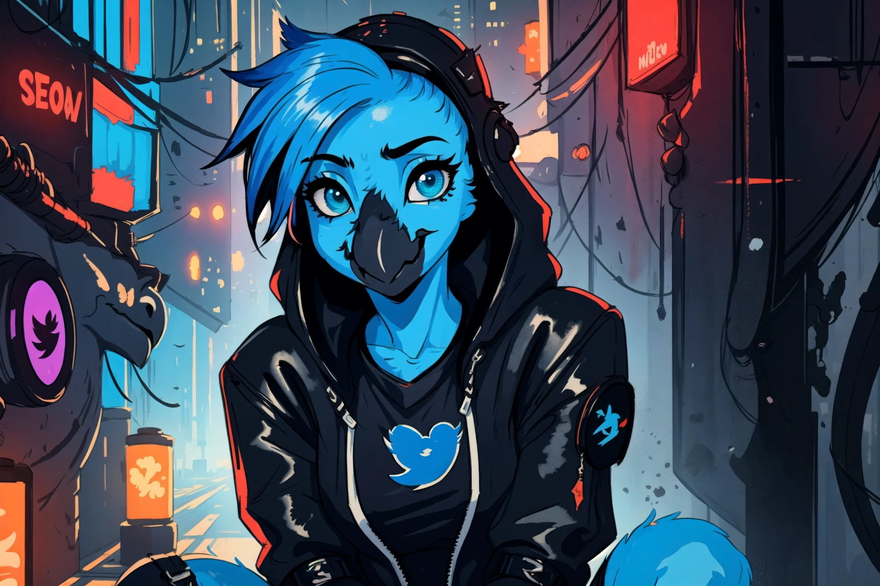 anthro, tweetfur, (beak:1.4), sfw, smug expression, female, close up, sitting, fluffy hair, detailed eyes, feathered body, feather hair, tail feathers, ((gothic cyberpunk costume)), masterpiece watercolor pencil sketch countershading, cyberpunk city, solo, inkpun style, prosthetic leg, <lora:epiNoiseoffset_v2:1>